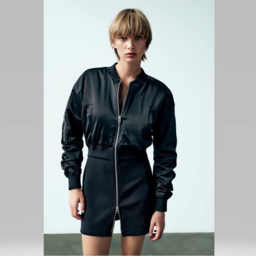 Zara Black Mini Dress with Bomber Jacket Look